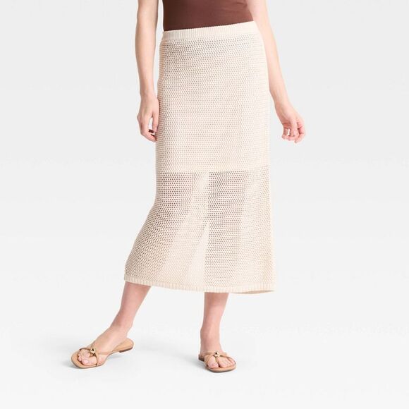 A New Day - Women's Crochet-Style Pointelle Midi Sweater Skirt Cream - Picture 1 of 3